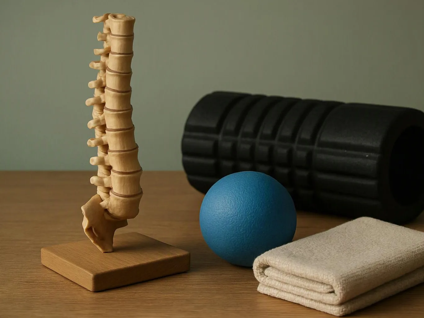 Anatomical spine model stands beside a blue exercise ball, foam roller, and folded towel on a table
