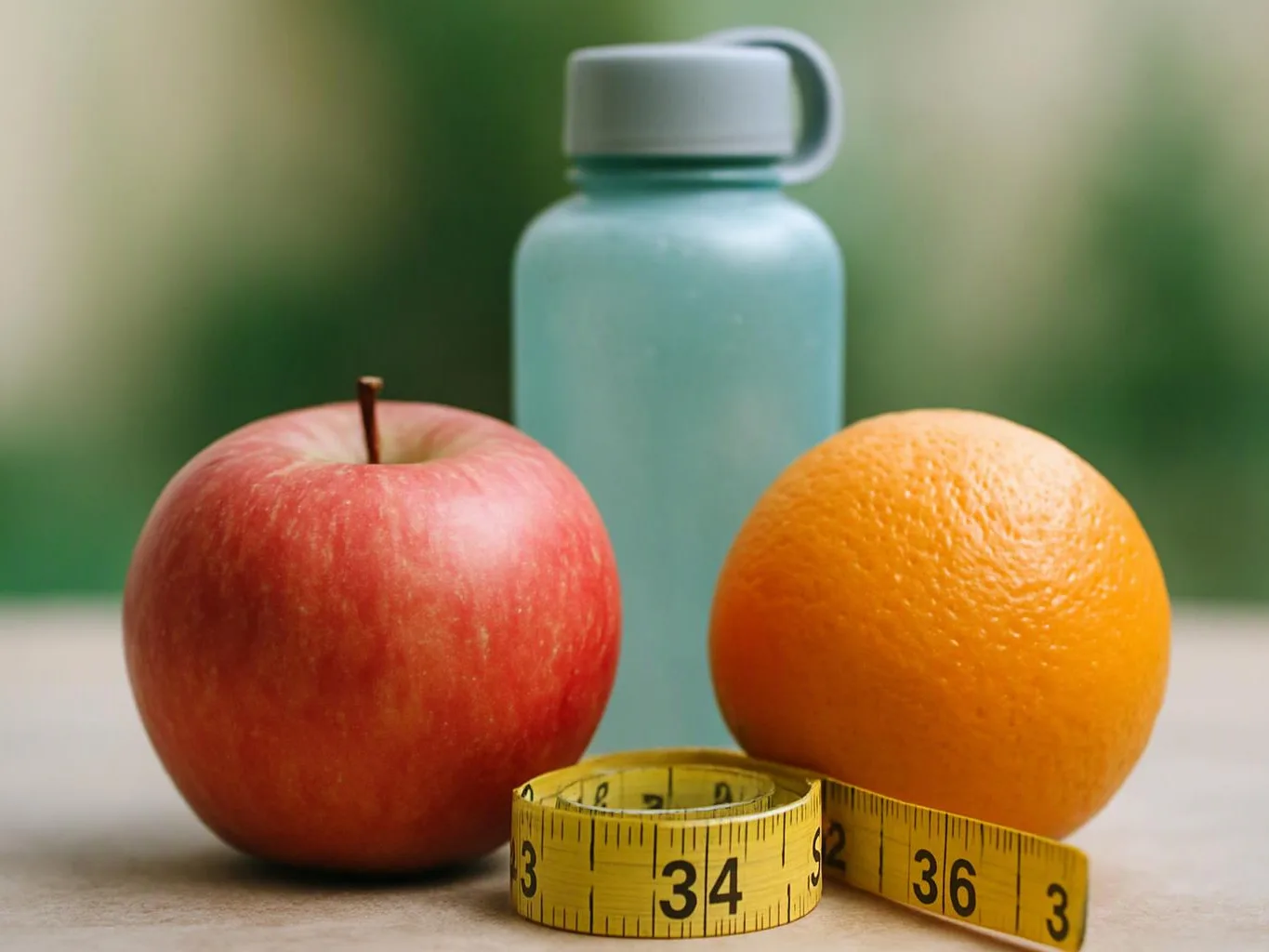 An apple, an orange, a water bottle, and a yellow measuring tape sit on a table