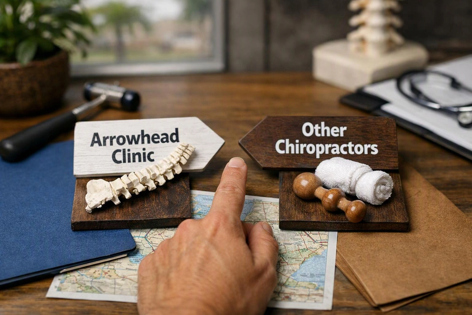 A hand points between two wooden signs on a desk, one reading Arrowhead Clinic and the other Other Chiropractors
