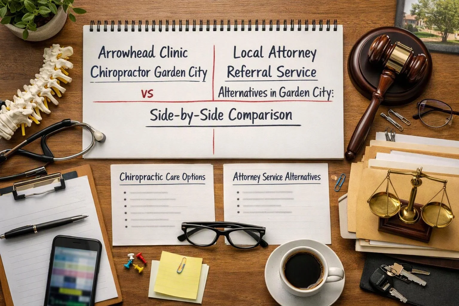A desk display shows a comparison note, legal and medical props, and scattered office supplies on a wooden surface