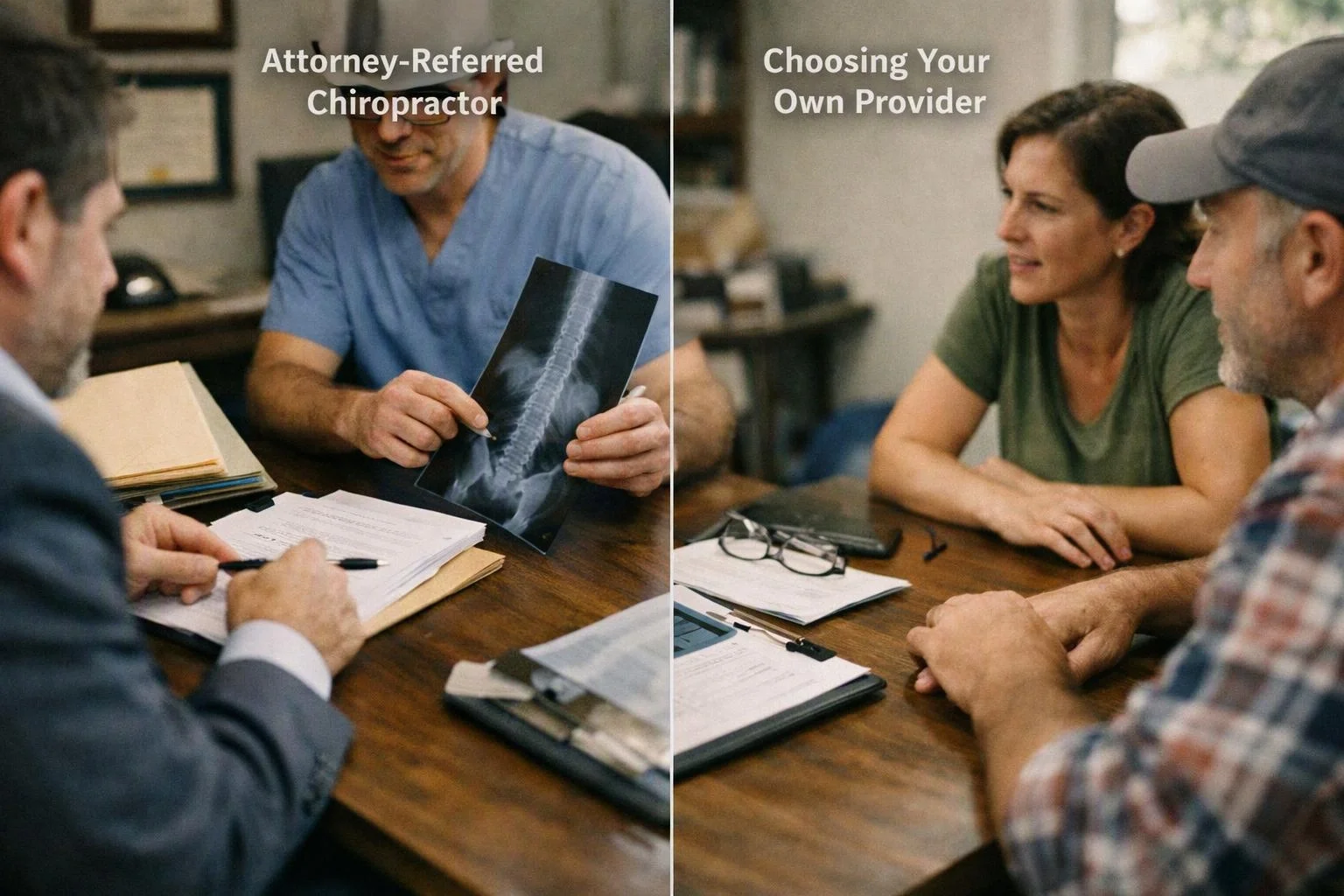 Split image shows a doctor with an X-ray on the left and a couple meeting across a table on the right