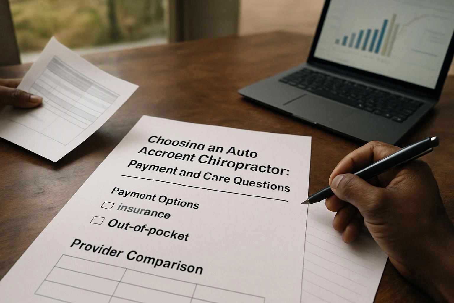 Hands write on a form beside a laptop showing a bar chart on a wooden table