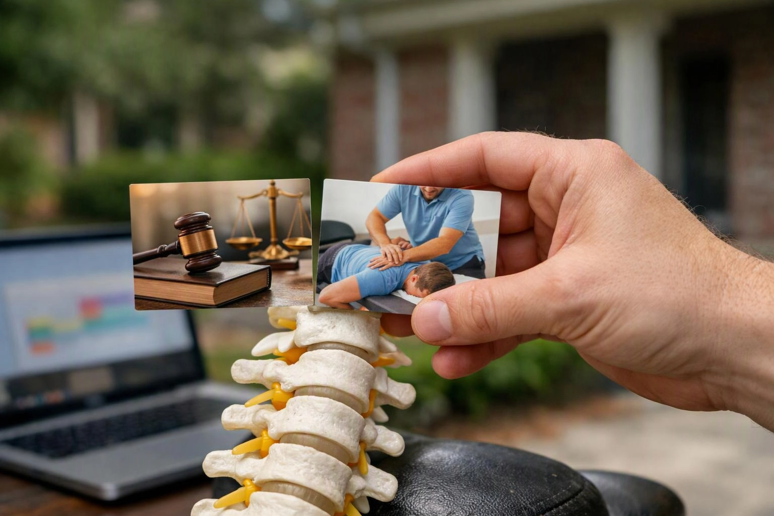 A hand holds two small cards over a model spine with a laptop and blurred house in the background