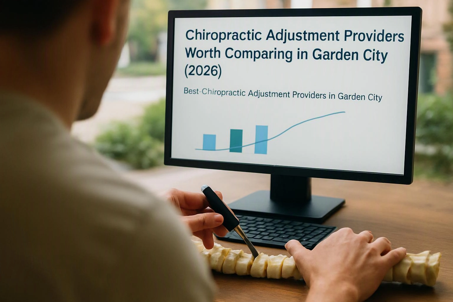 A person examines a spine model at a desk while a monitor shows chiropractic comparison text and charts