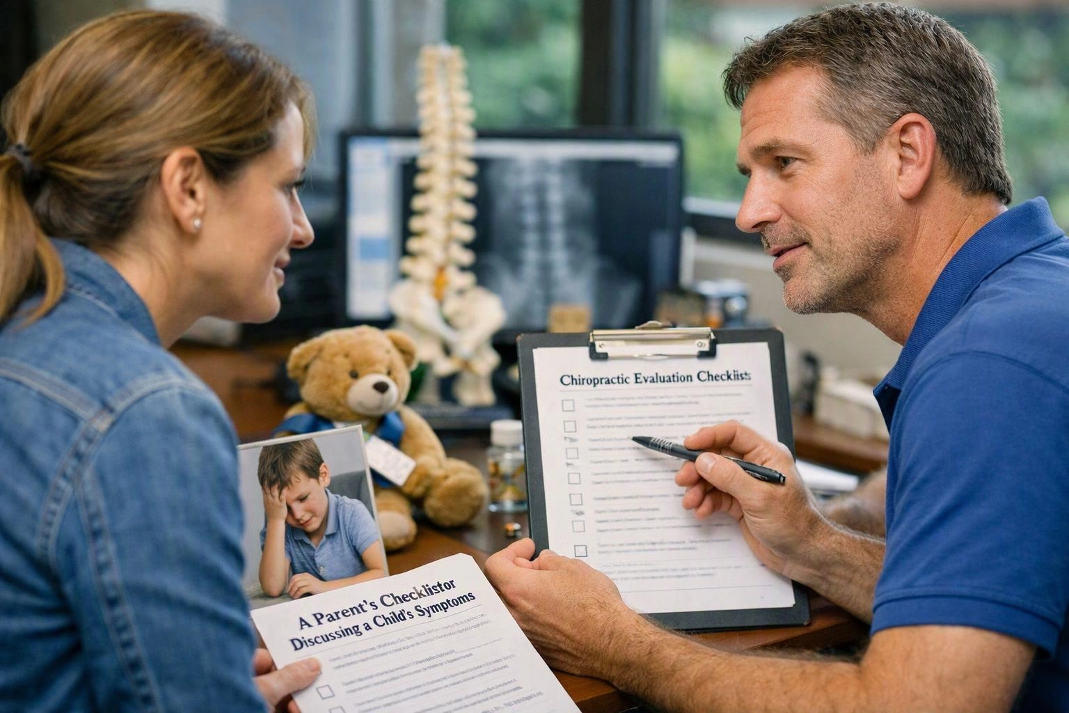 Two-person consultation photograph showing a clear visual metaphor illustrating what "A Parent’s Checklist for Discussing a Child’s Symptoms" means for Chiropractor