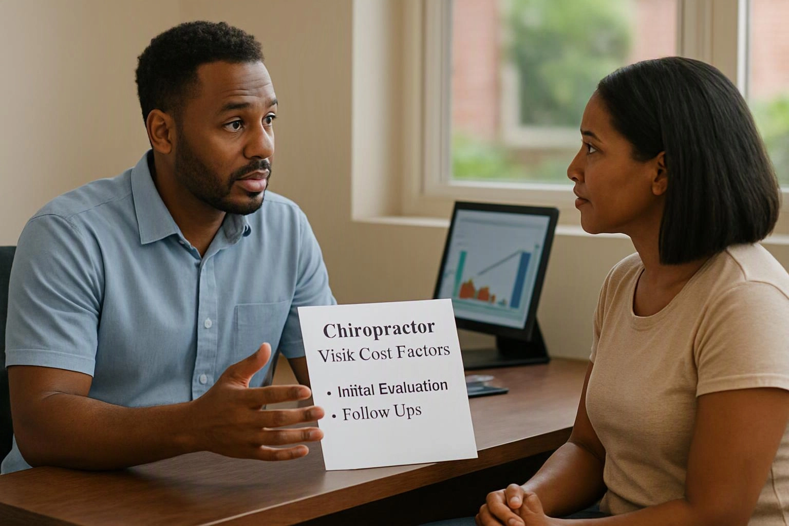 Two-person consultation photograph showing a clear visual metaphor illustrating what "Chiropractor Visit Cost Factors