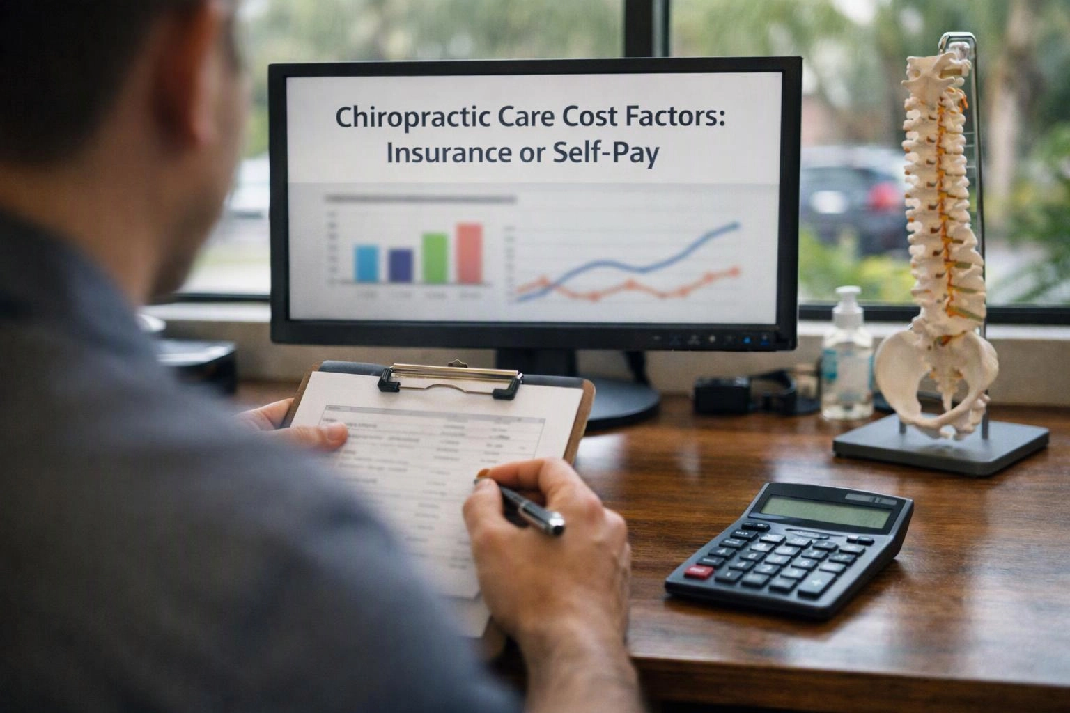 A person reviews paperwork at a desk beside a monitor showing chiropractic cost charts and a spine model