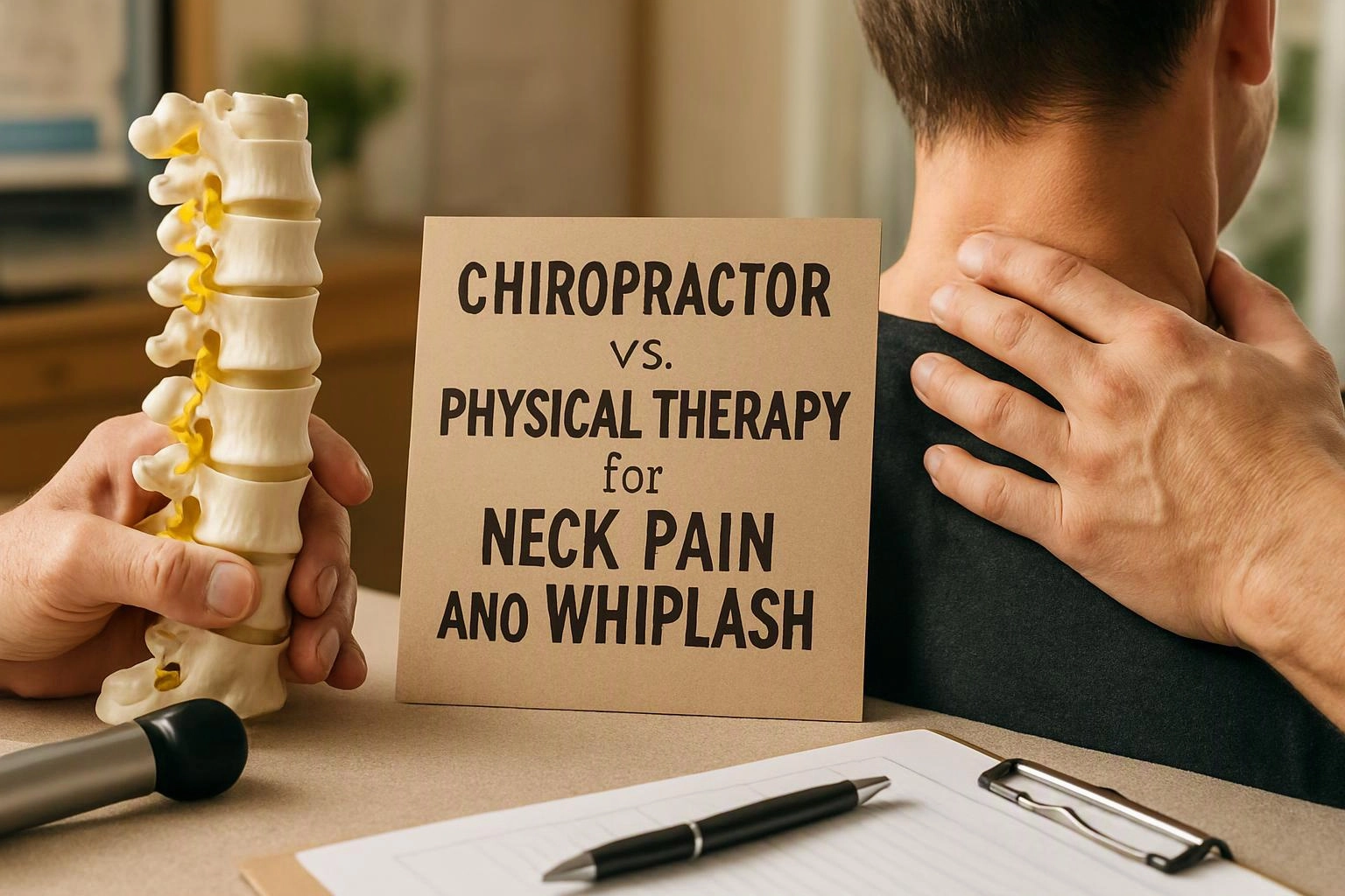 Hands massage a neck, beside a spine model and a card reading “CHIROPRACTOR vs. PHYSICAL THERAPY”
