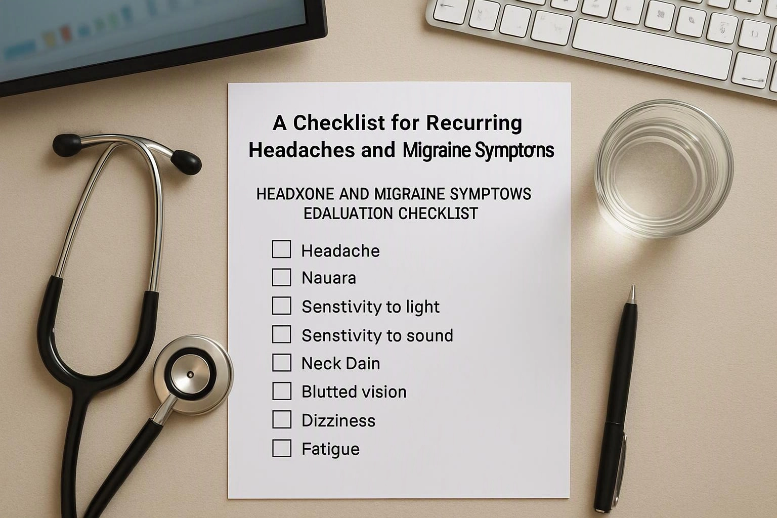 Aerial top-down flat-lay photograph of overhead flat-lay of items that represent "A Checklist for Recurring Headaches and Migraine Symptoms" in a Chiropractor