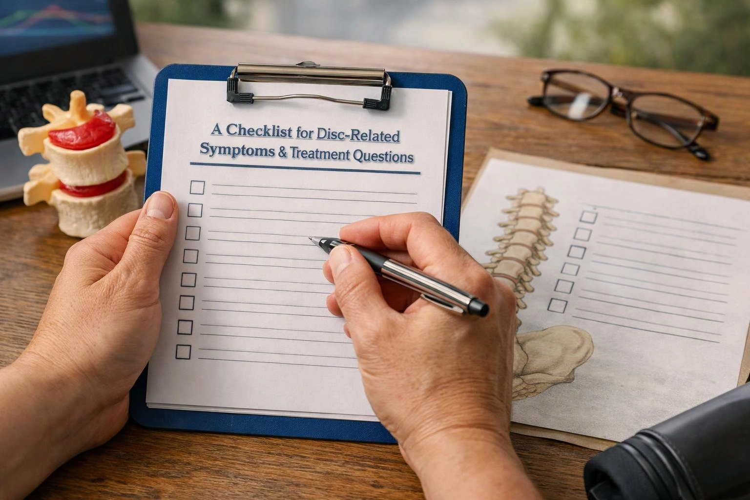 Hands hold a clipboard checklist beside spine diagrams, glasses, and a desk model on a wooden table