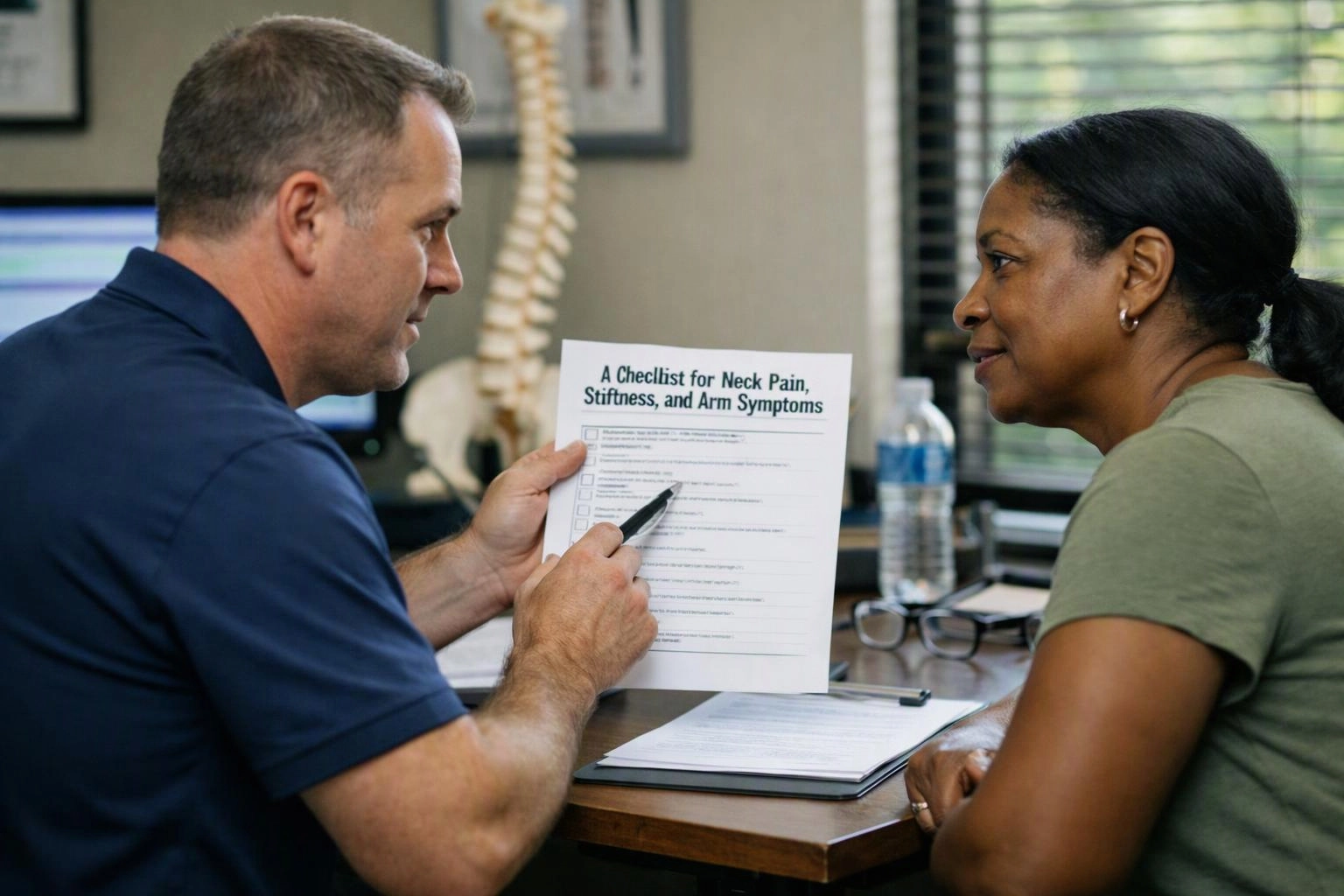 Two-person consultation photograph showing environmental still life in a real workspace where "A Checklist for Neck Pain