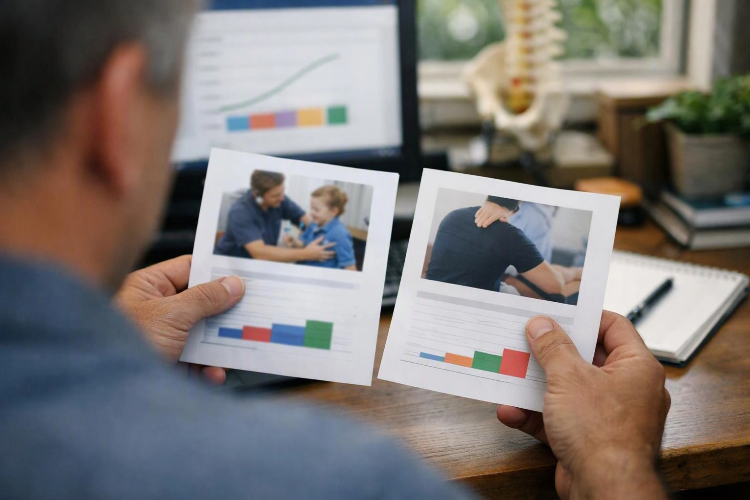 A person holds two printed charts with photos while looking at a computer in an office setting