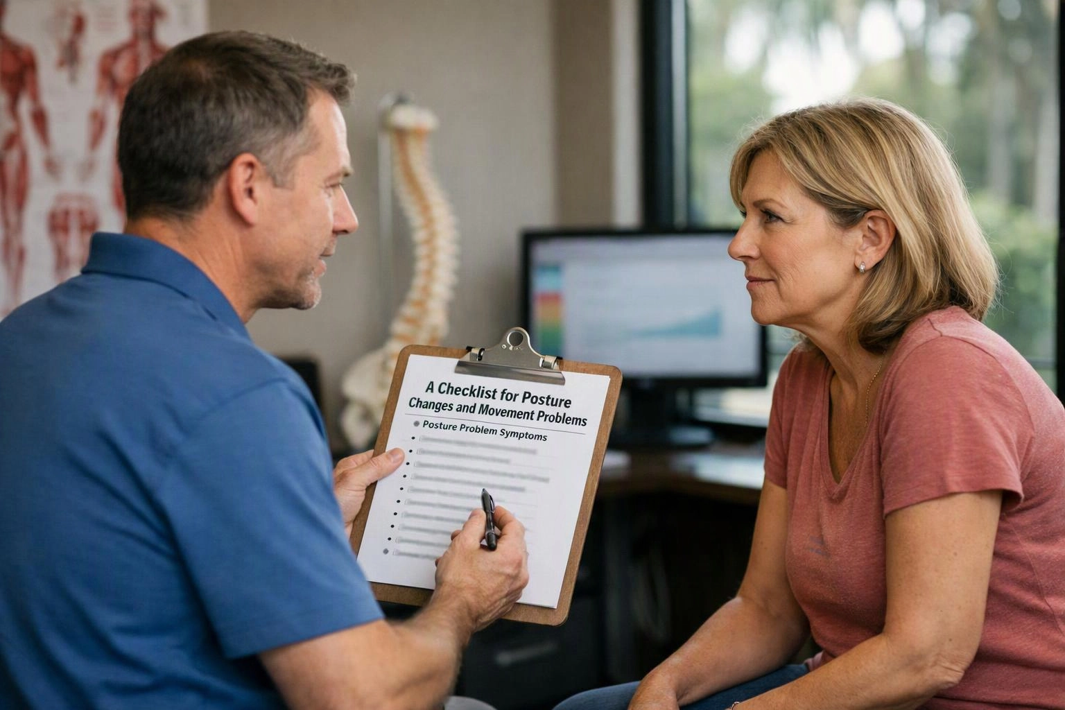 Two-person consultation photograph showing wide establishing view of a setting where "A Checklist for Posture Changes and Movement Problems" naturally arises
