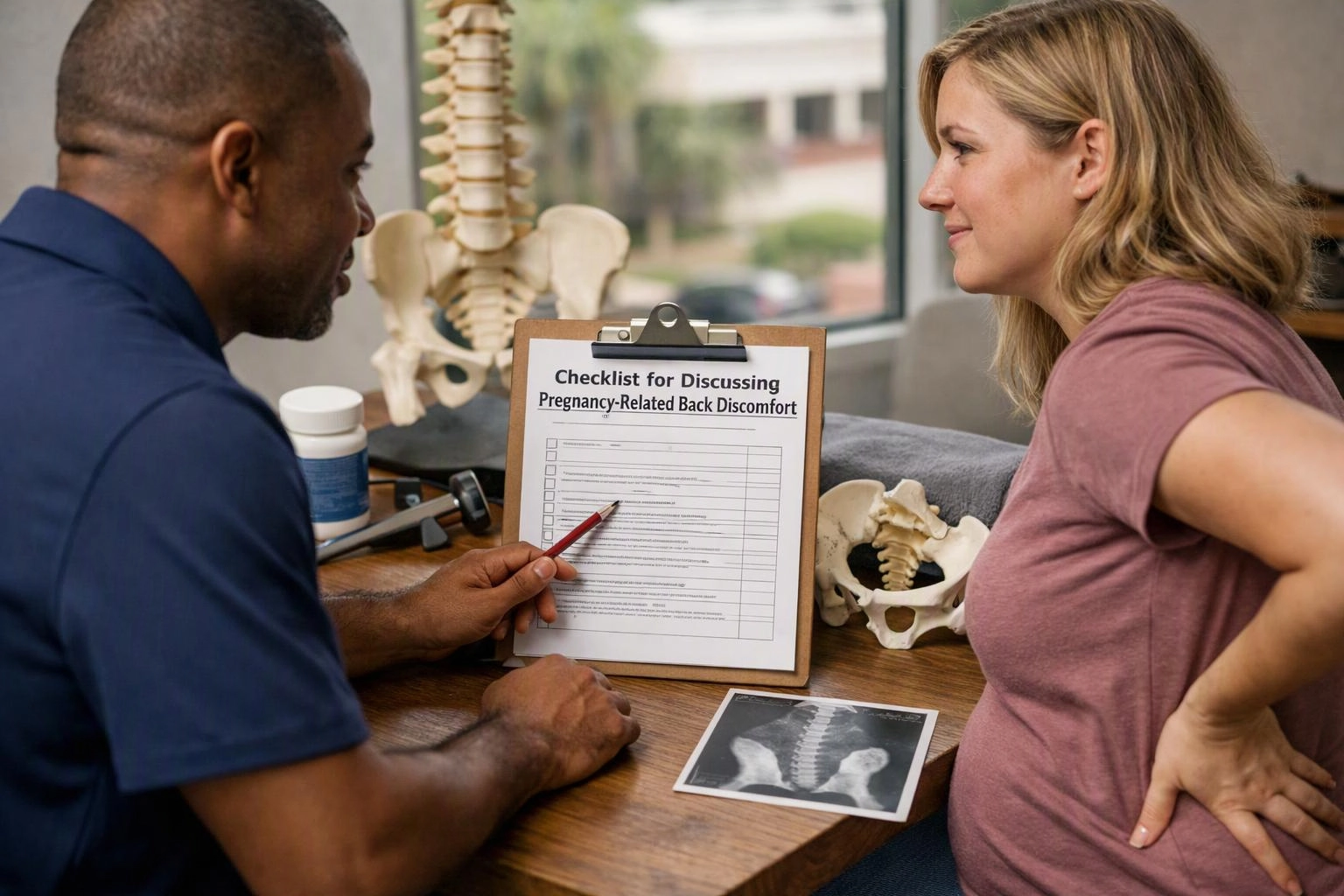 Advertising-grade tabletop still life photograph of a clear visual metaphor illustrating what "A Checklist for Discussing Pregnancy-Related Back Discomfort" means for Chiropractor