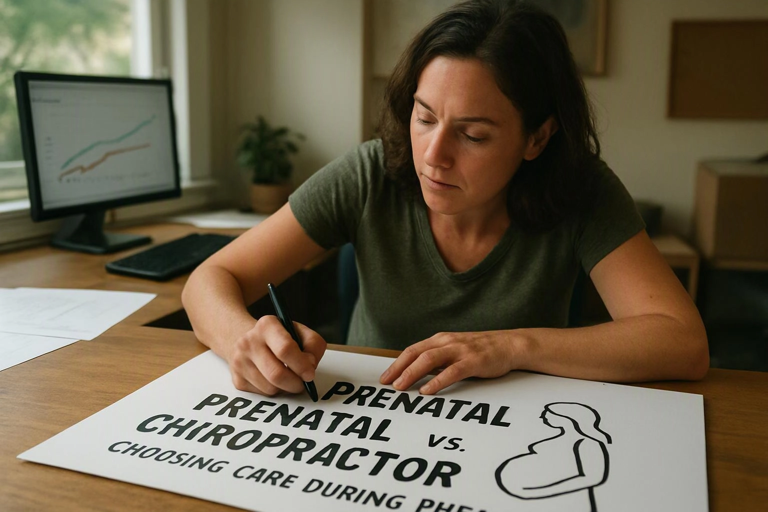 A woman writes on a poster about prenatal chiropractor care at a desk with a chart on her computer