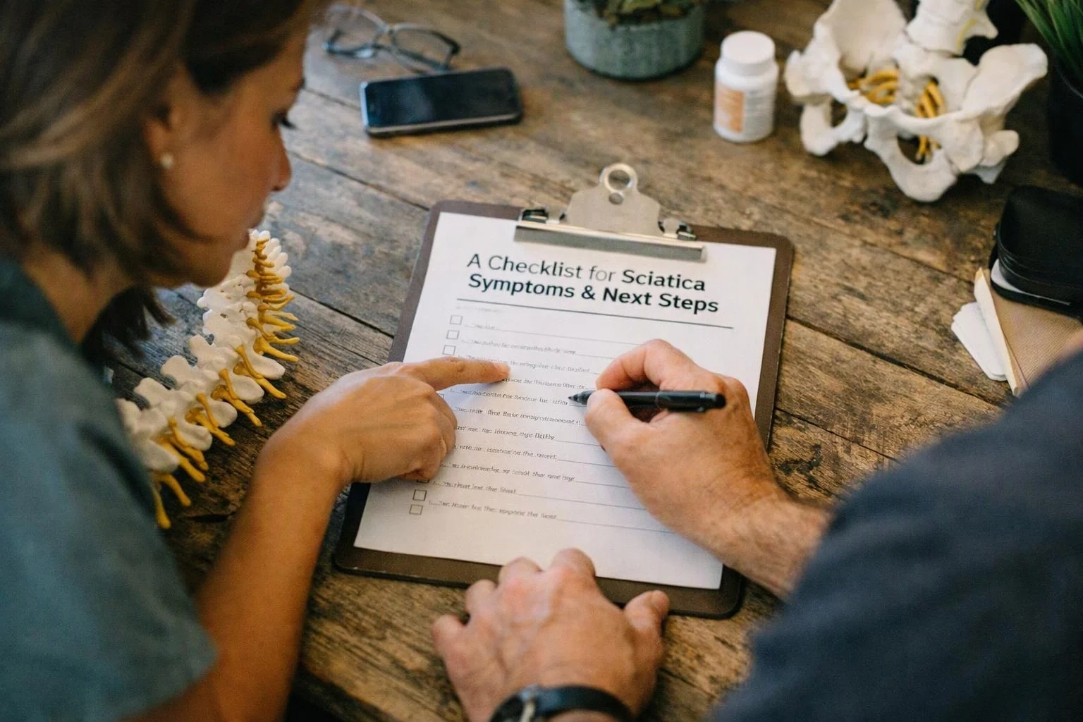 Two people review a clipboard checklist beside spine models on a wooden table