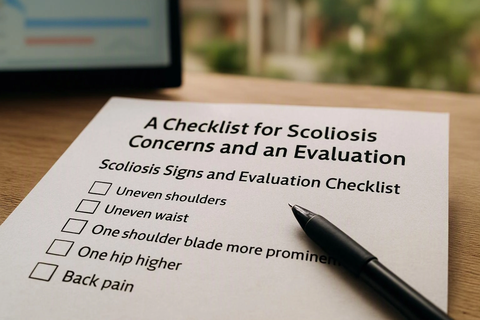 Macro product photograph of wide establishing view of a setting where "A Checklist for Scoliosis Concerns and an Evaluation" naturally arises