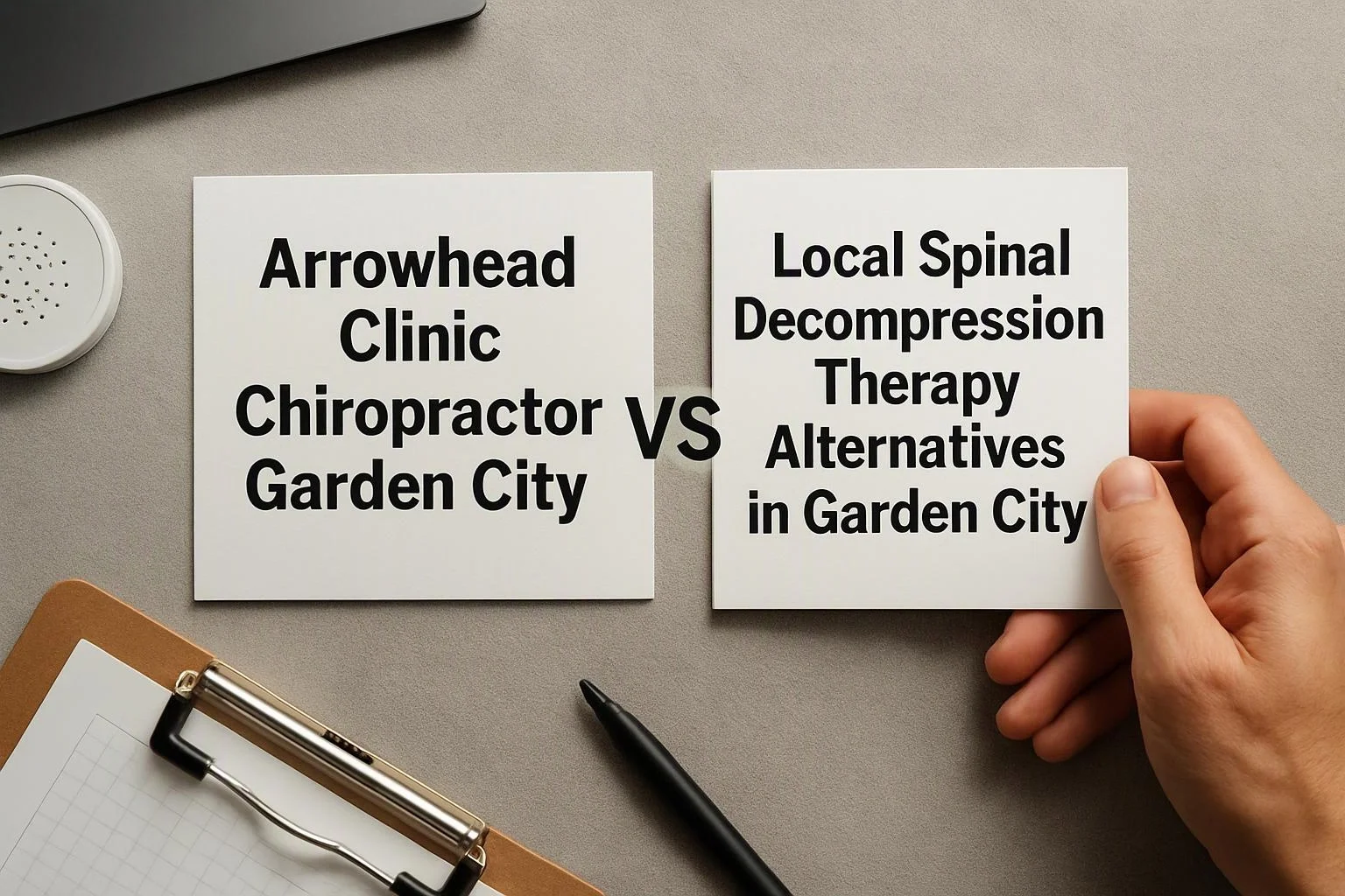 A hand holds a card beside another card showing bold text about clinic and therapy alternatives on a desk