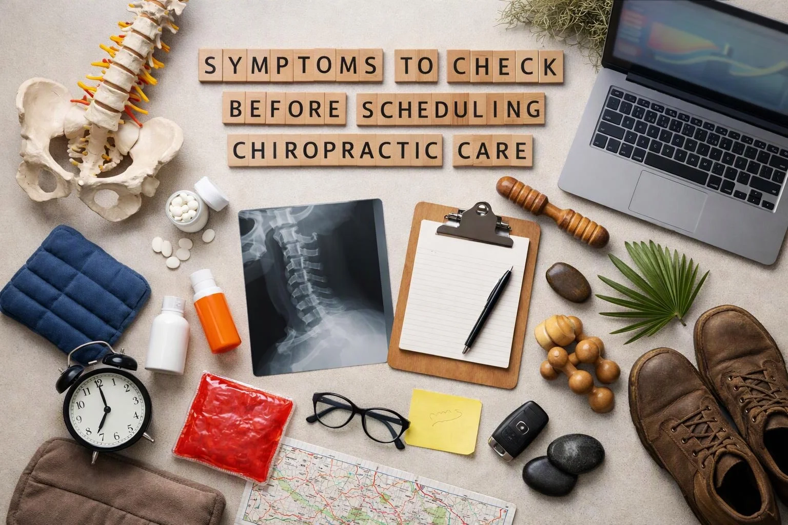 Aerial top-down flat-lay photograph of overhead flat-lay of items that represent "Symptoms to Check Before Scheduling Chiropractic Care" in a Chiropractor context