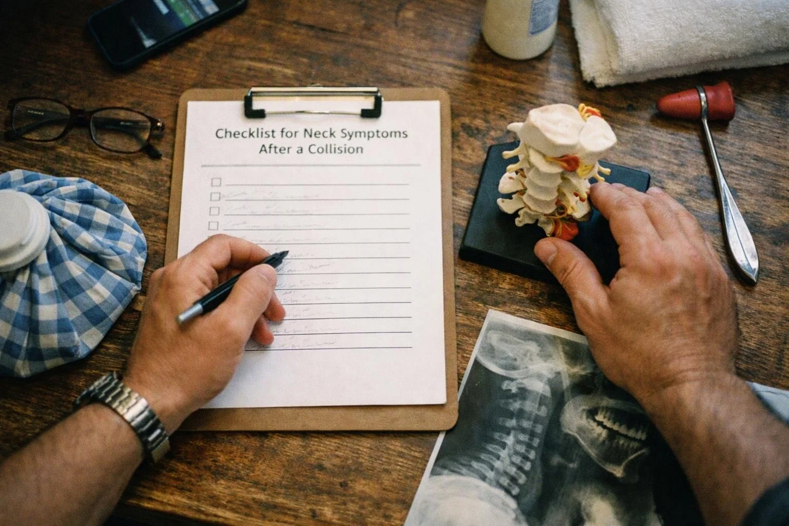 Hands fill out a neck symptoms checklist beside a spine model and X-ray on a wooden desk