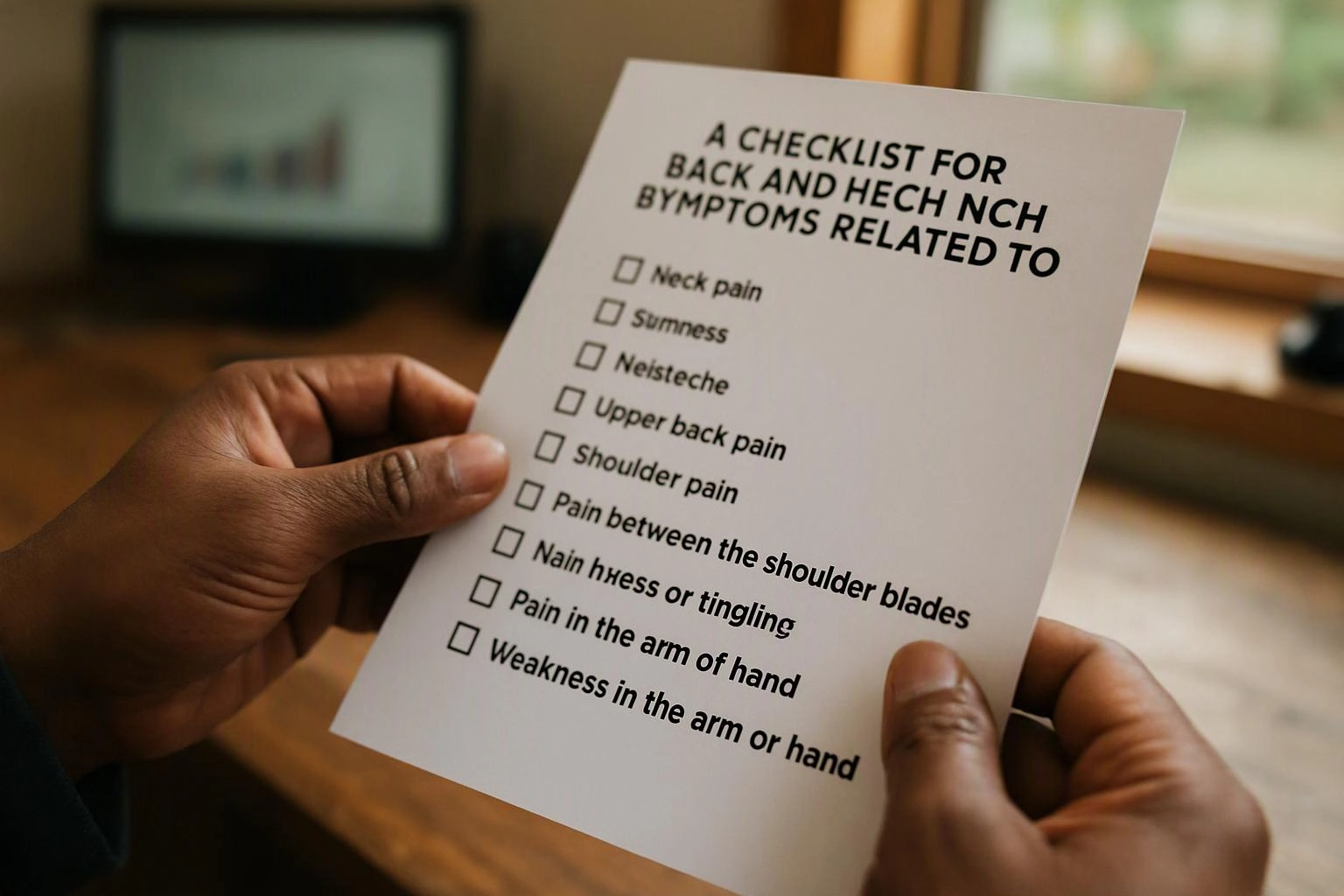 Hands hold a checklist card about back and neck symptoms in a blurred indoor room