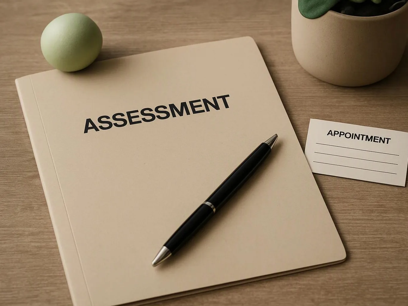 A beige notebook labeled “ASSESSMENT” sits on a wooden desk with a pen, card, ball, and plant pot