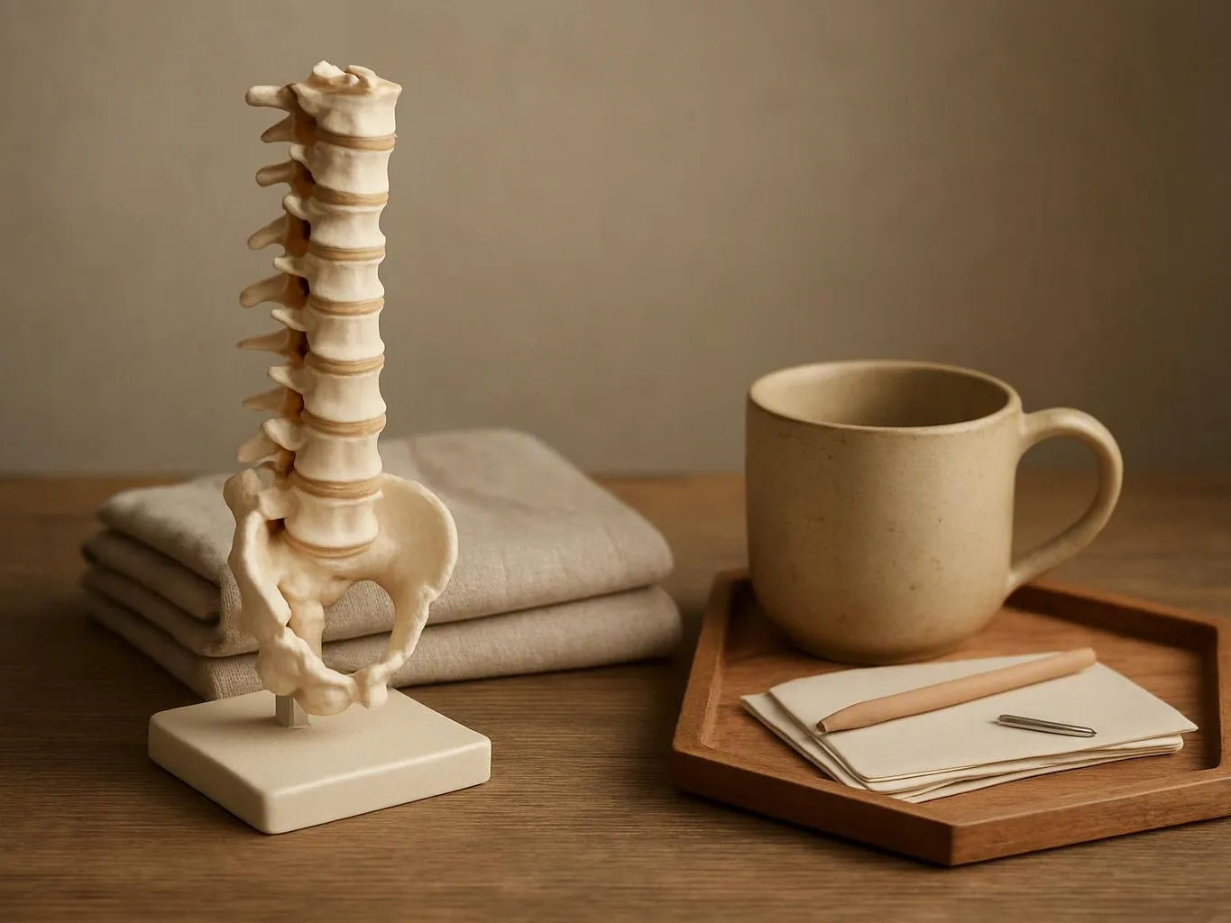 A beige spine model stands beside folded cloth, a ceramic mug, and a tray with paper and pencil on a wooden table