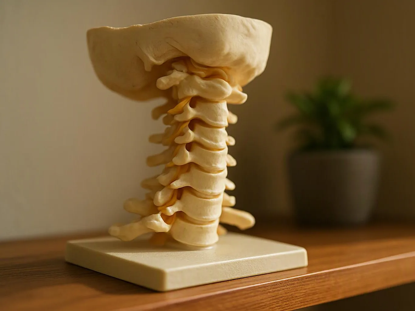 A beige spine model with vertebrae sits on a wooden shelf beside a blurred potted plant