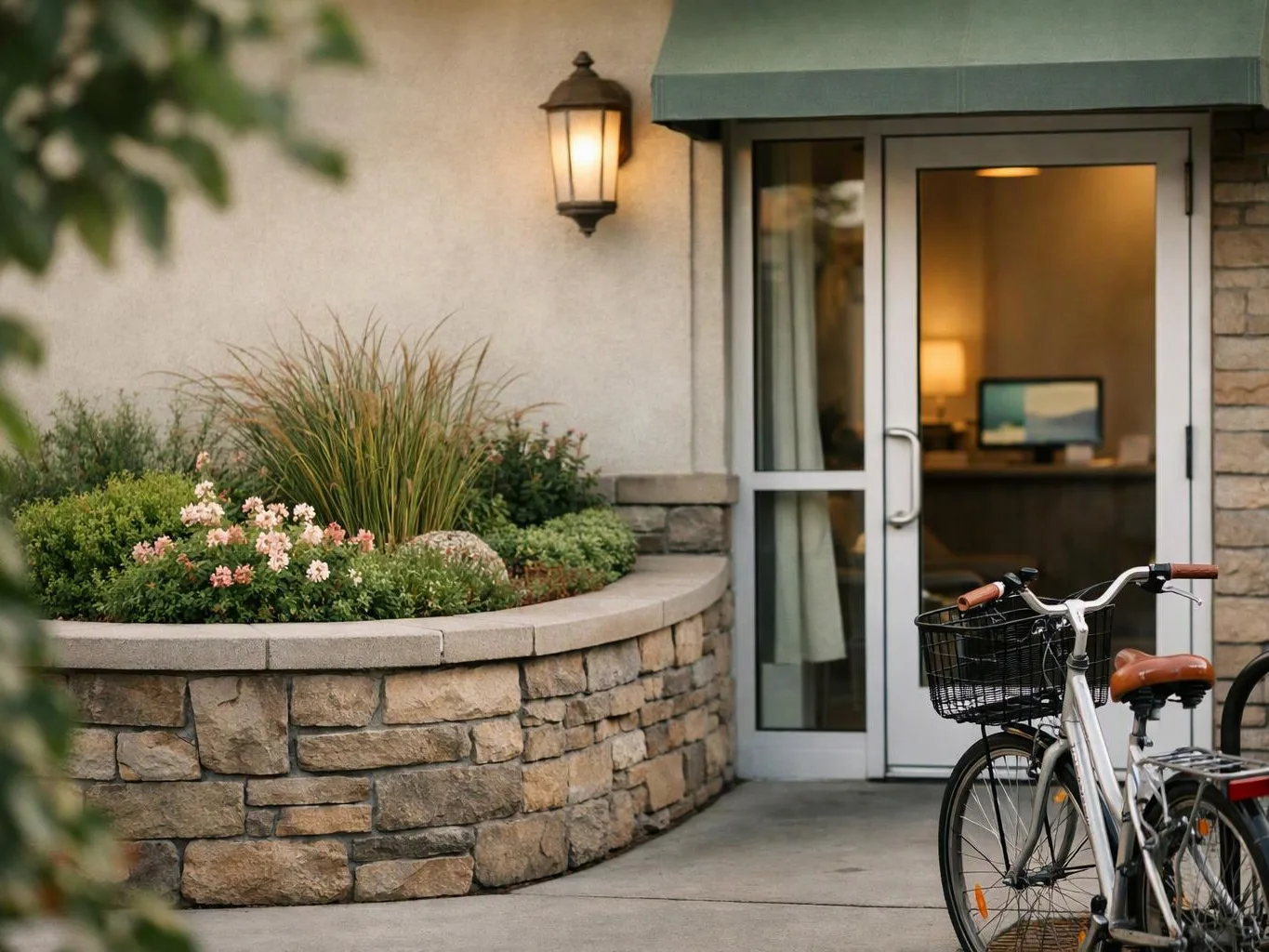 A bicycle rests by a glass door beside a lit wall lamp and stone planter with flowers