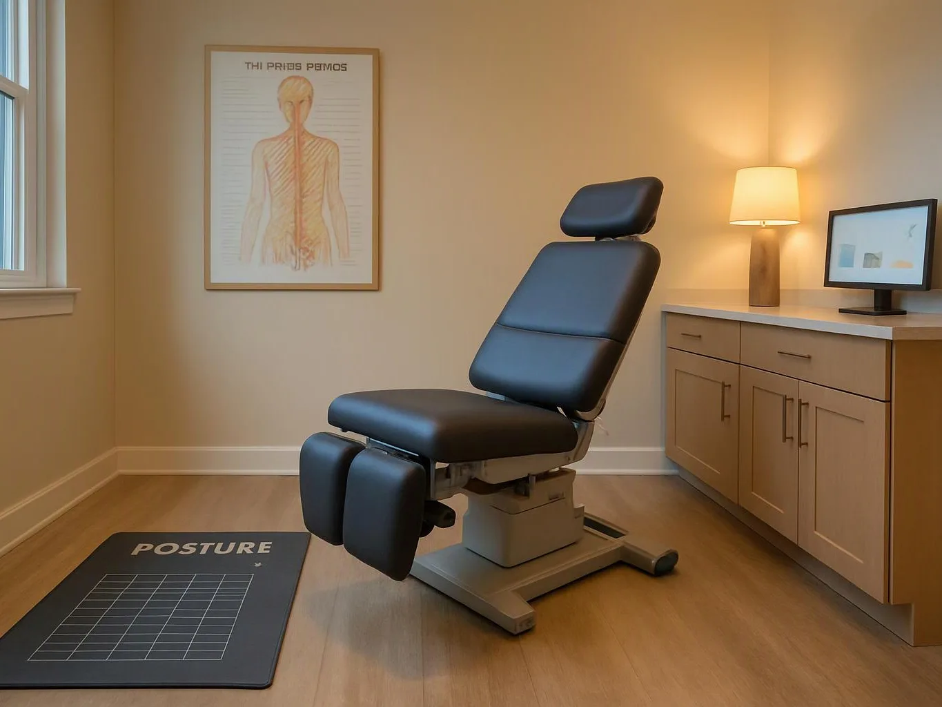 A black adjustable exam chair sits in a bright treatment room beside a cabinet, lamp, and posture mat