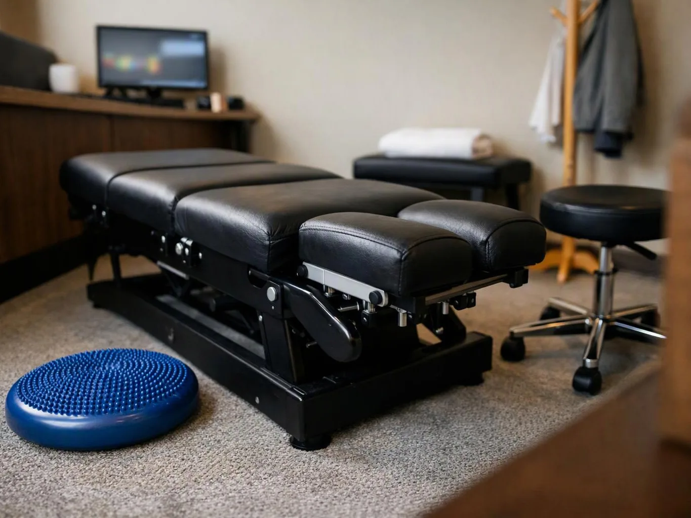 A black adjustable treatment table sits in a quiet clinic room with stools, a coat rack, and a blue balance cushion