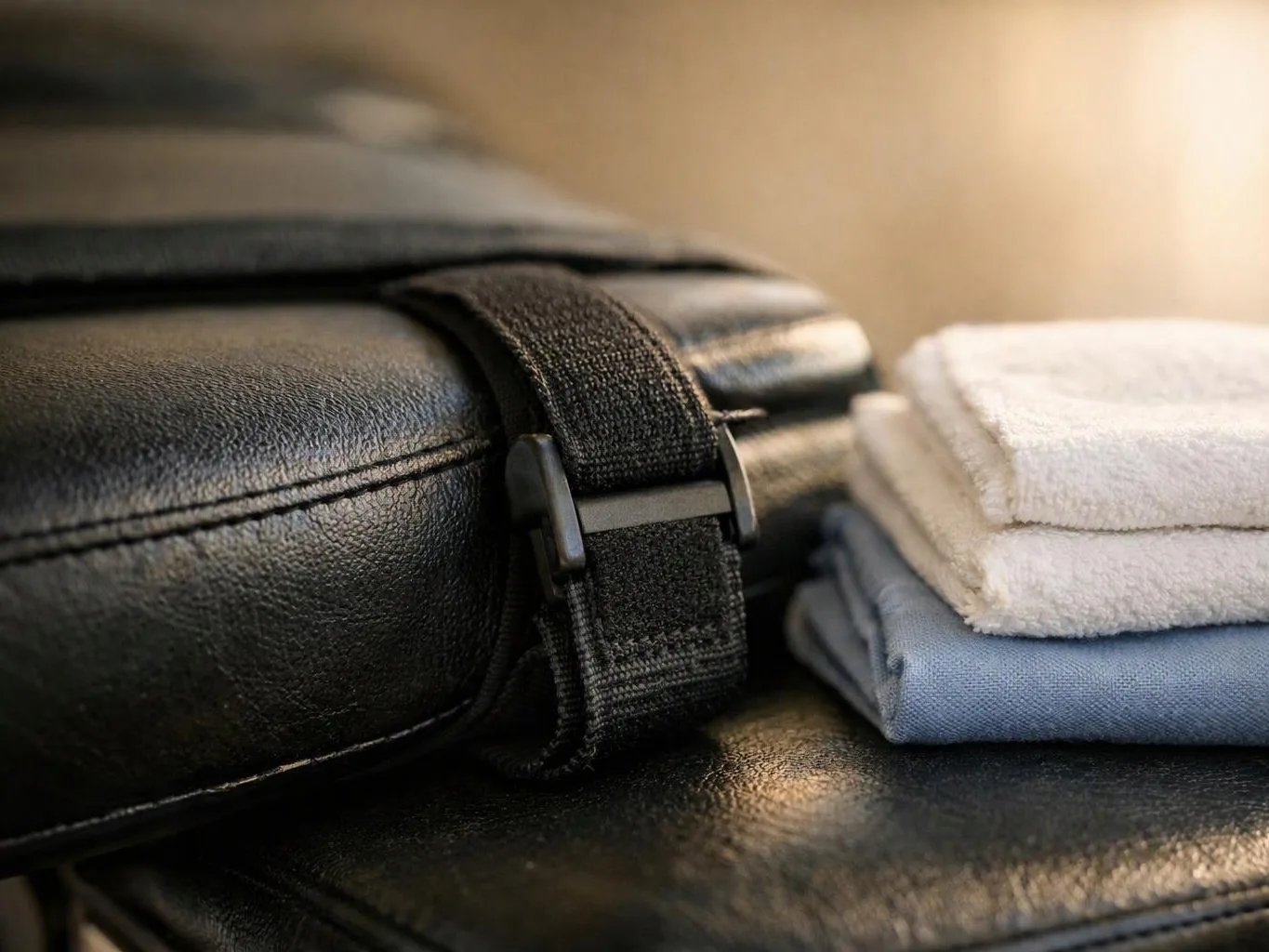 A black leather bag with a strap sits beside folded white and blue towels on a dark surface