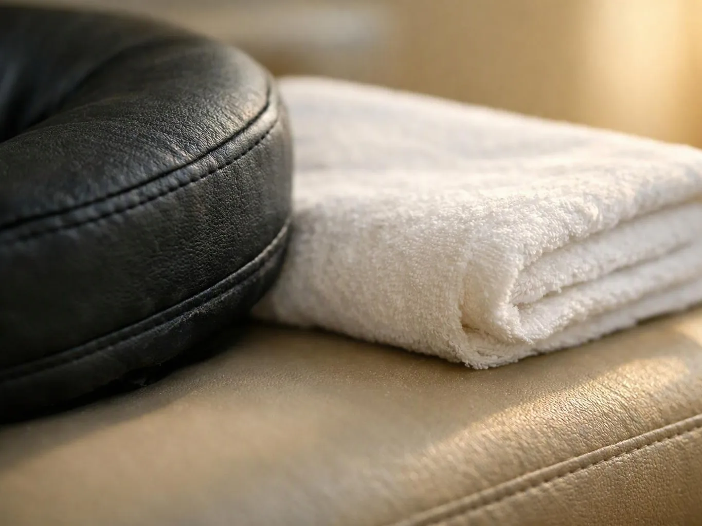 A black leather cushion sits beside a folded white towel on a beige upholstered seat