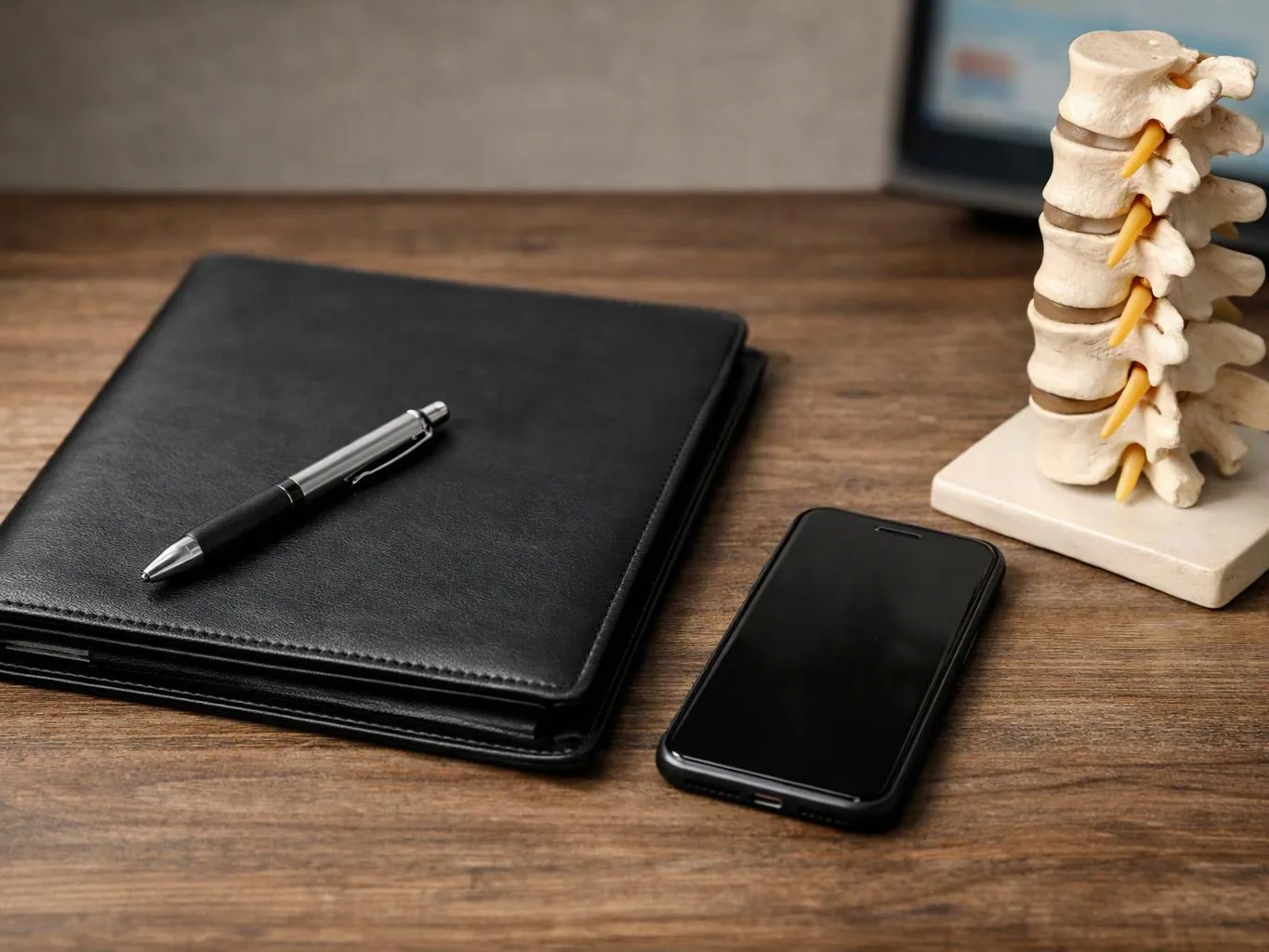 A black notebook with a pen, a smartphone, and a spine model sit on a wooden desk
