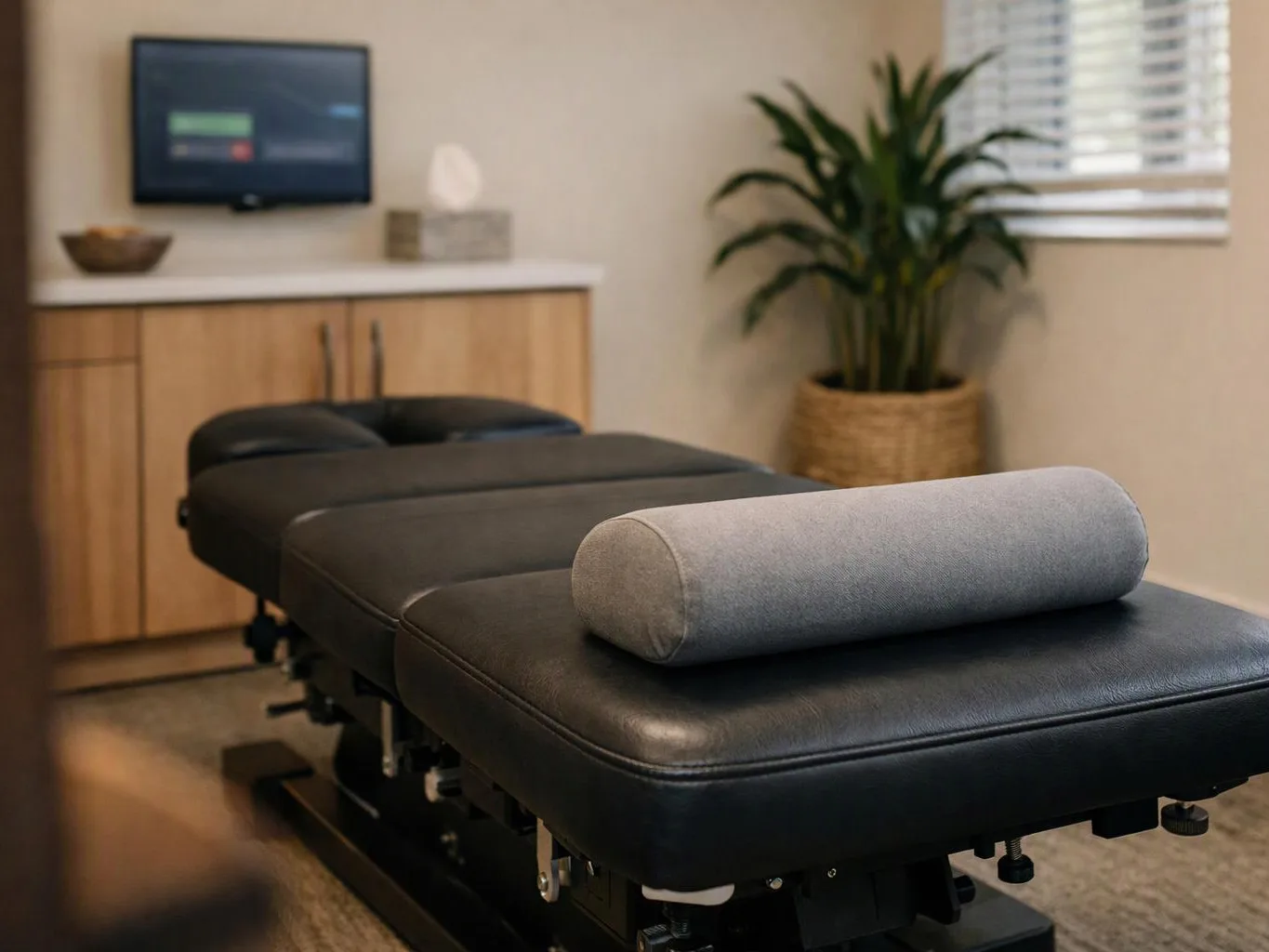 A black padded treatment table with a gray bolster sits in a quiet room with a TV and potted plant
