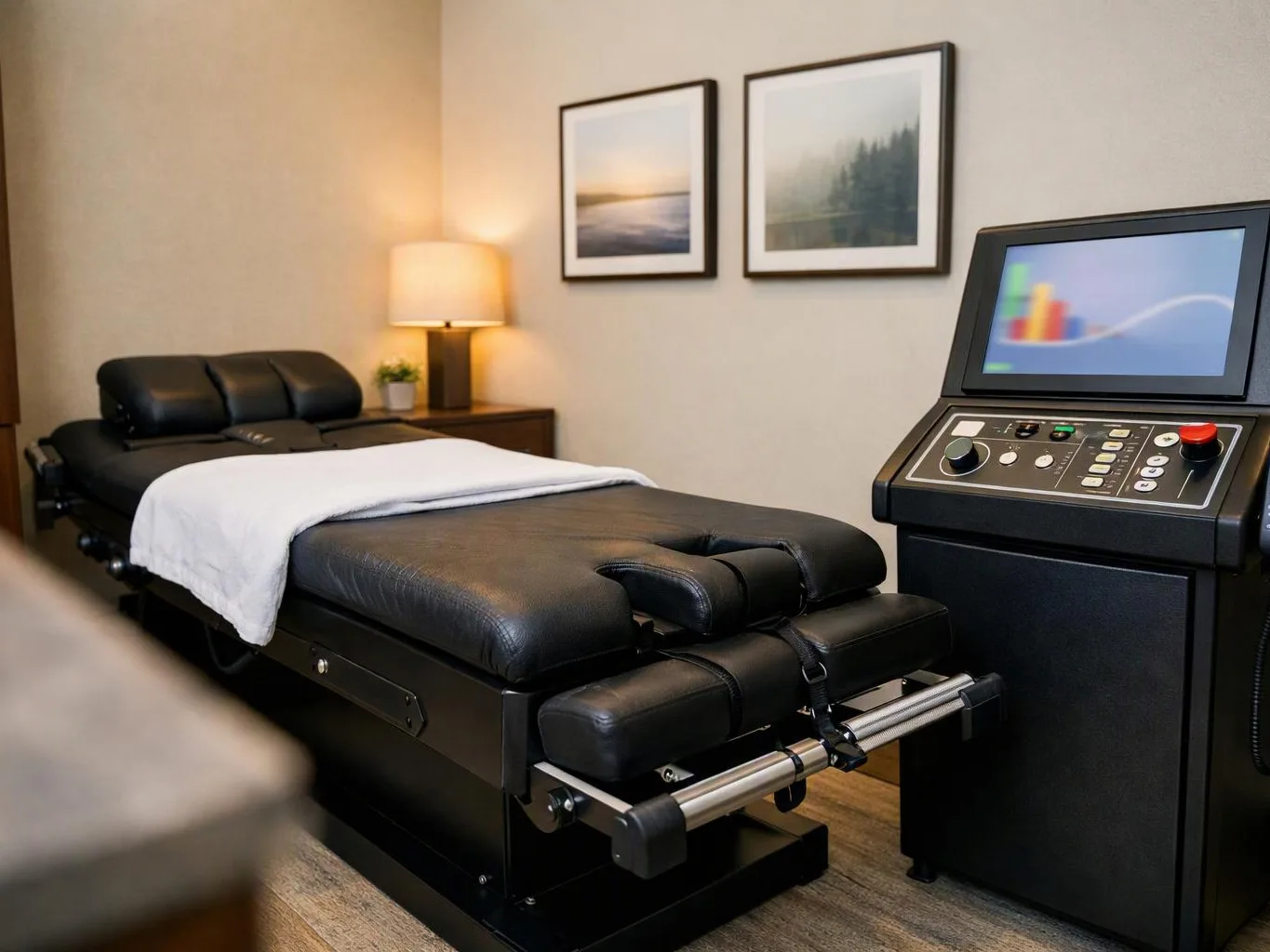 A black treatment table sits in a quiet room beside a control machine, with framed prints and a lamp on the wall