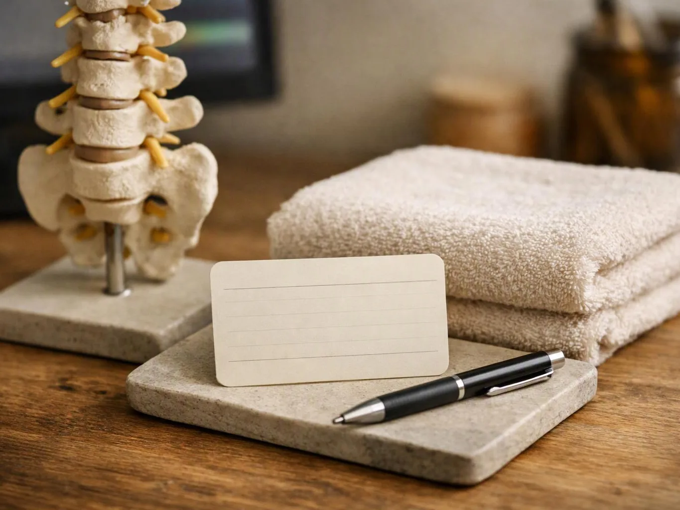 A blank card and pen rest on a stone tray beside folded towels and a small spine model on a desk
