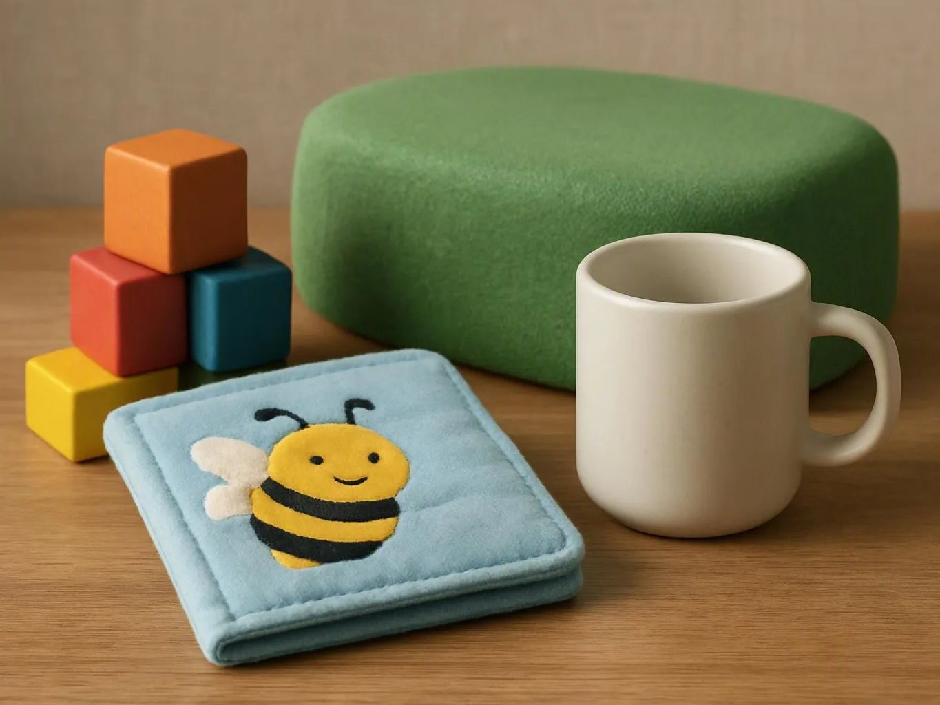 A blue cloth book with a bee sits beside stacked blocks, a white mug, and a green cushion on a wooden table