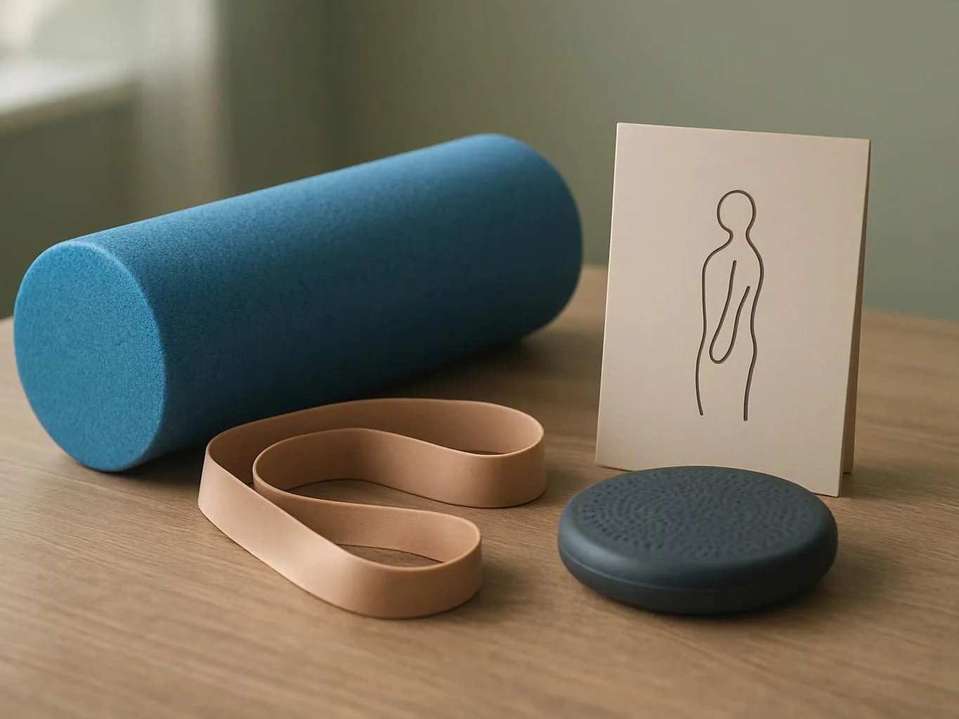 A blue foam roller, beige resistance band, dark balance disc, and a simple figure card sit on a wooden table