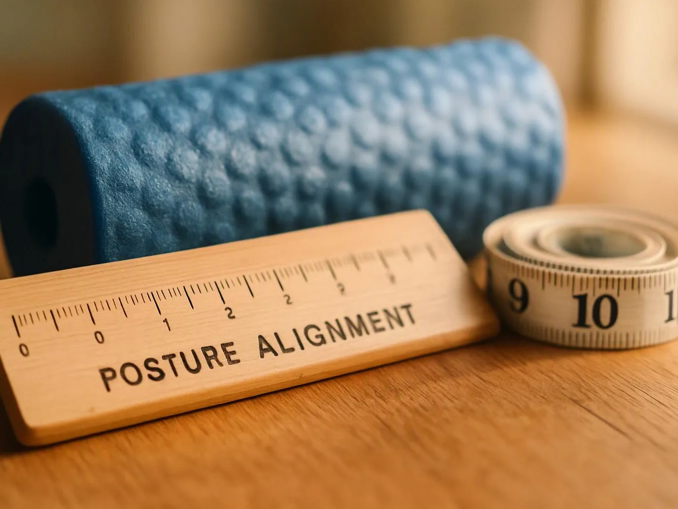 A blue foam roller sits behind a wooden ruler labeled “POSTURE ALIGNMENT” and a rolled tape measure on a table