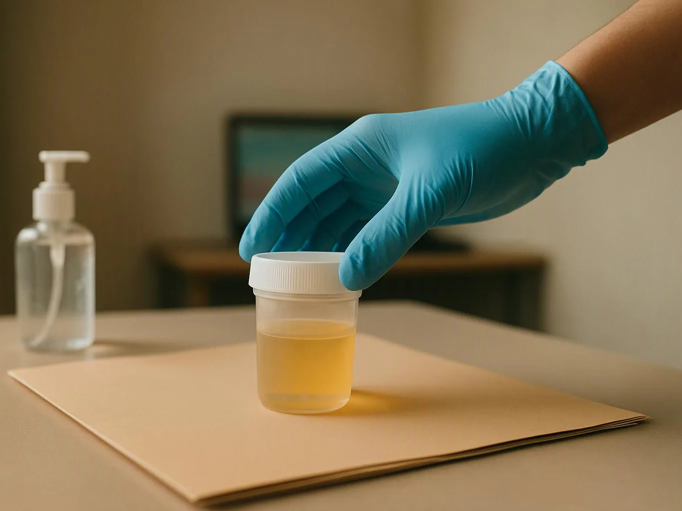A blue gloved hand holds a urine sample cup beside a sanitizer bottle on a desk