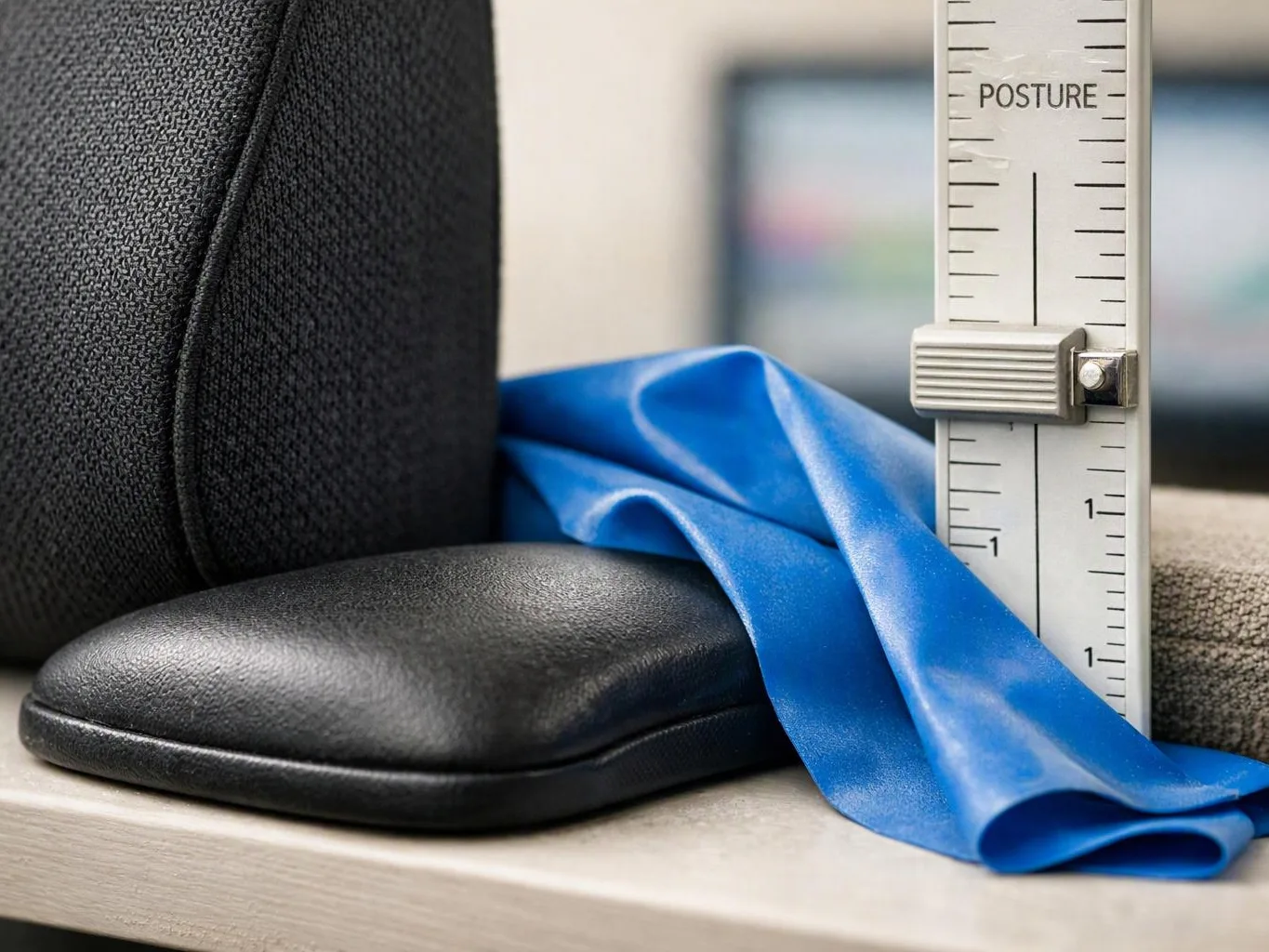 A blue resistance band lies beside a black seat cushion and a posture measuring scale