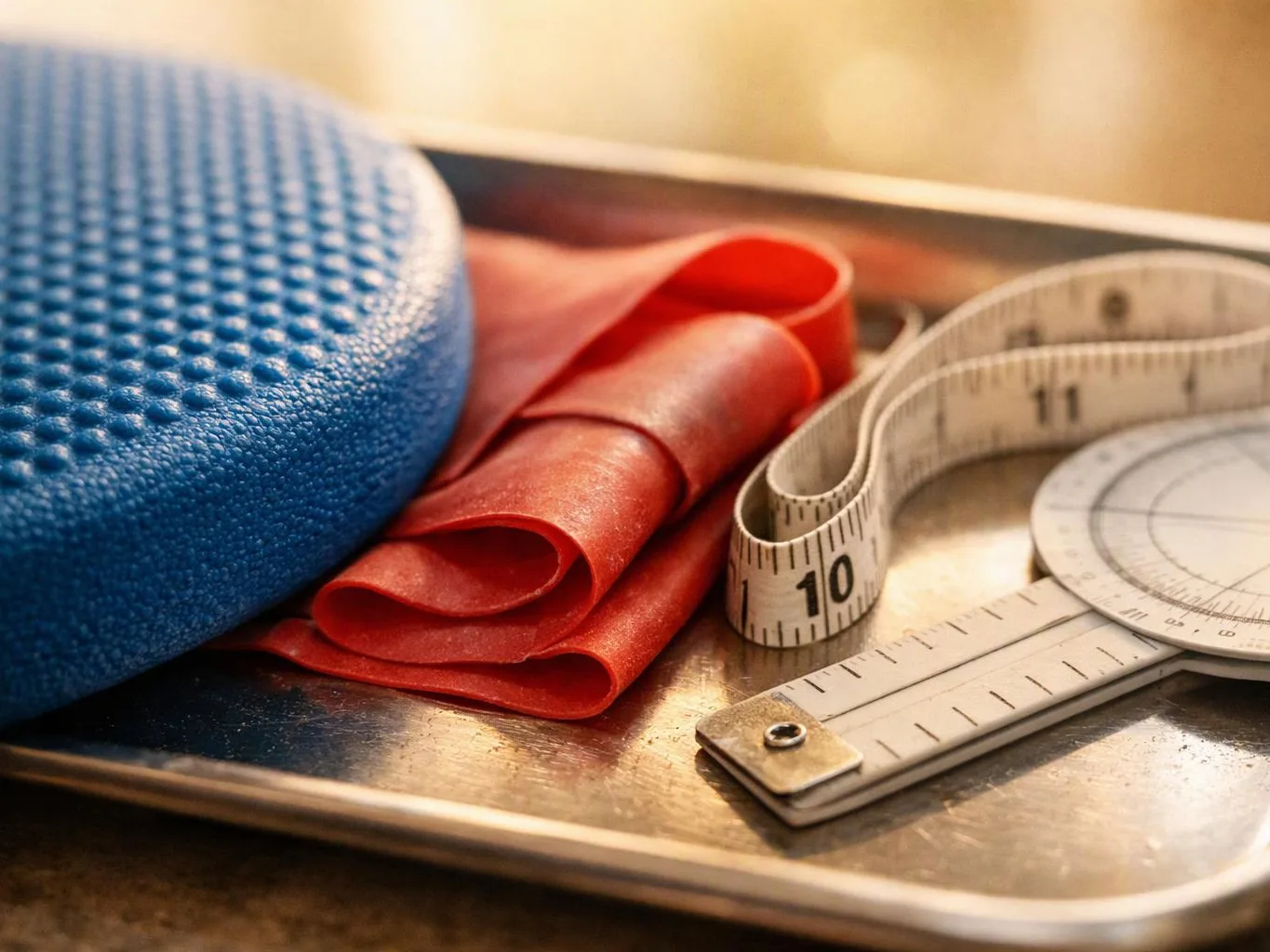 A blue textured pad, red folded bands, and a white measuring tape lie on a metal tray