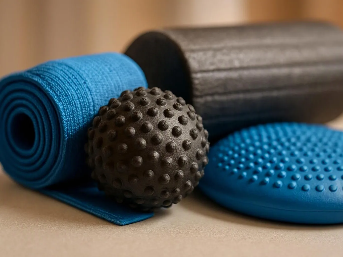 Blue yoga mats and textured massage balls arranged on a beige surface indoors