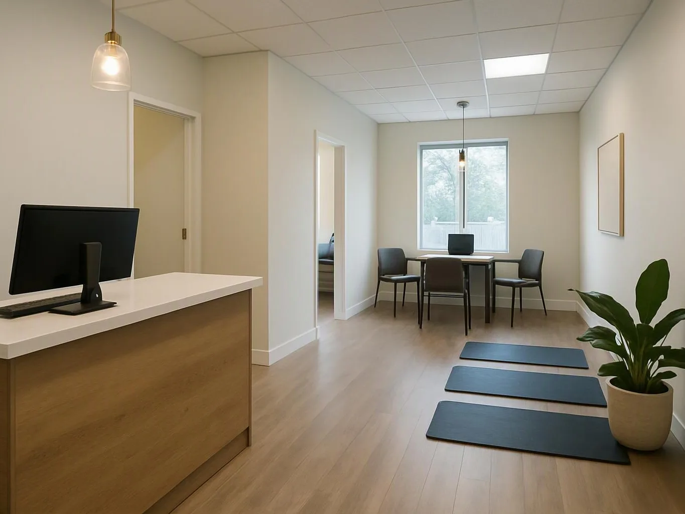 A bright, empty office has a reception desk, meeting table, yoga mats, and a potted plant