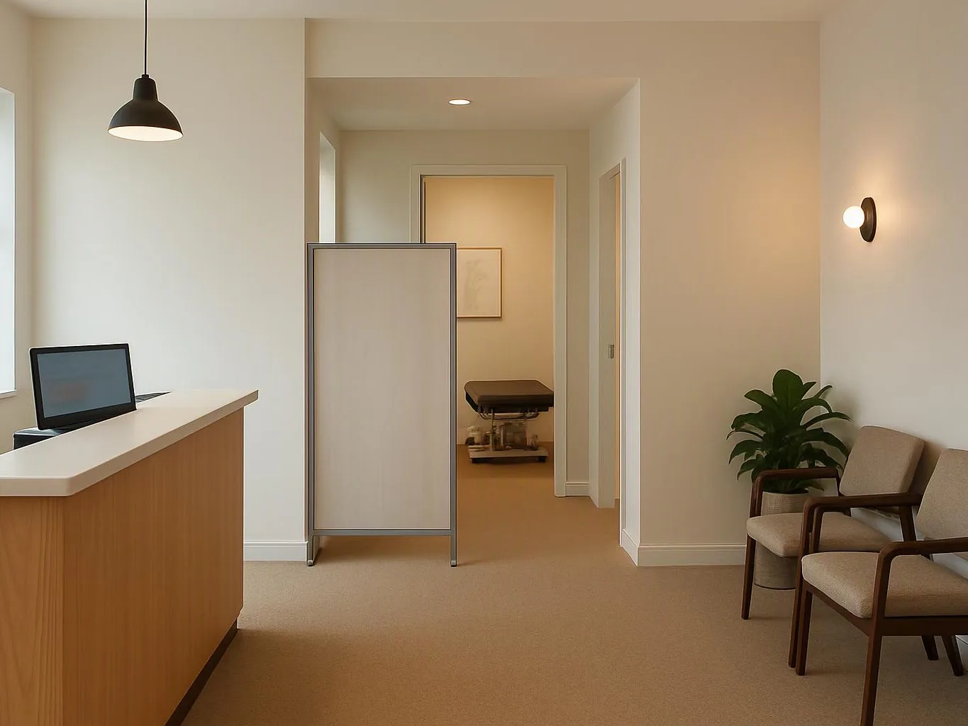 A calm clinic waiting room shows a reception desk, two chairs, a plant, and a treatment table through an open doorway