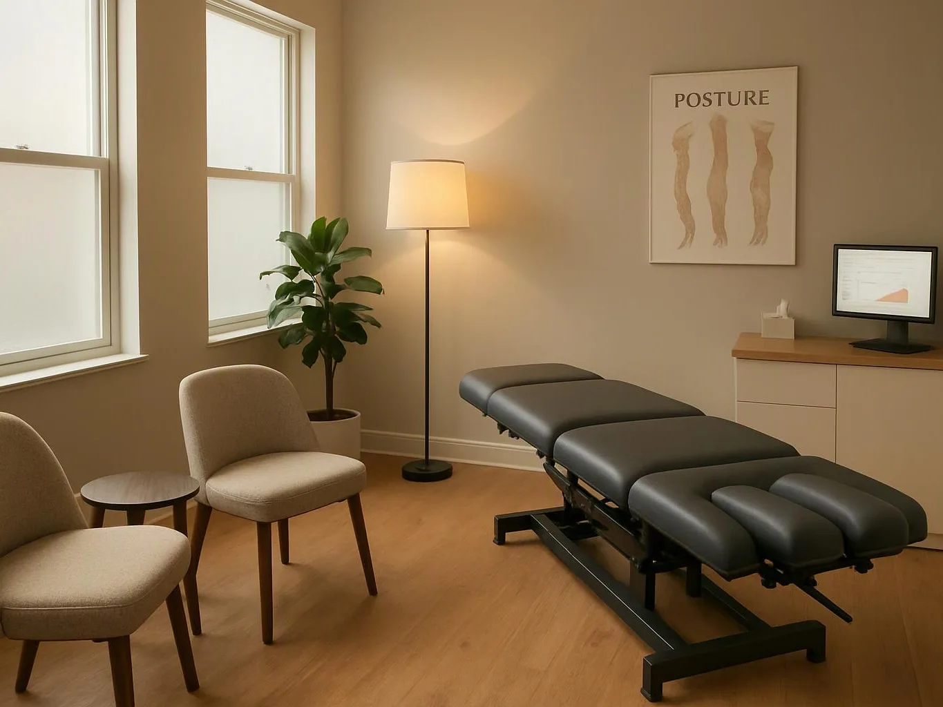 A calm treatment room shows a padded exam table, two chairs, a lamp, a plant, and a posture poster