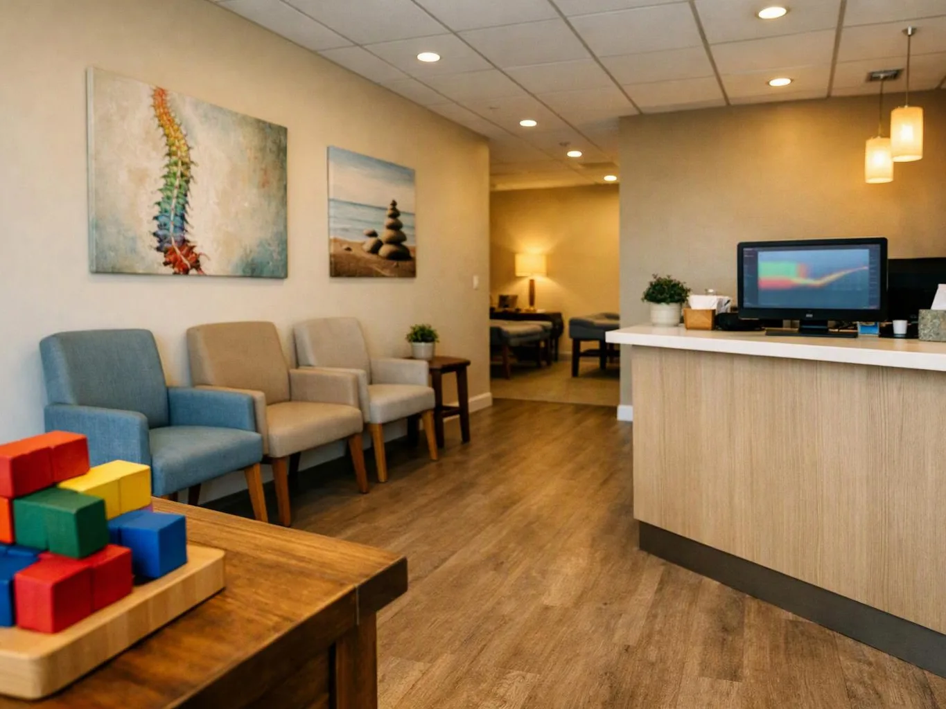 A calm waiting room has chairs, wall art, a reception desk, and colorful block toys on a table