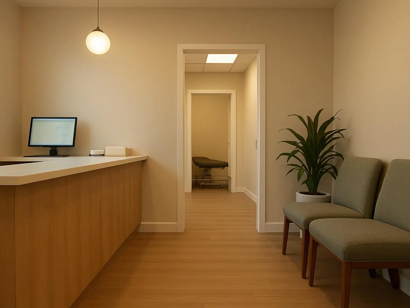A calm waiting room shows a desk, chairs, a potted plant, and a doorway to an exam room