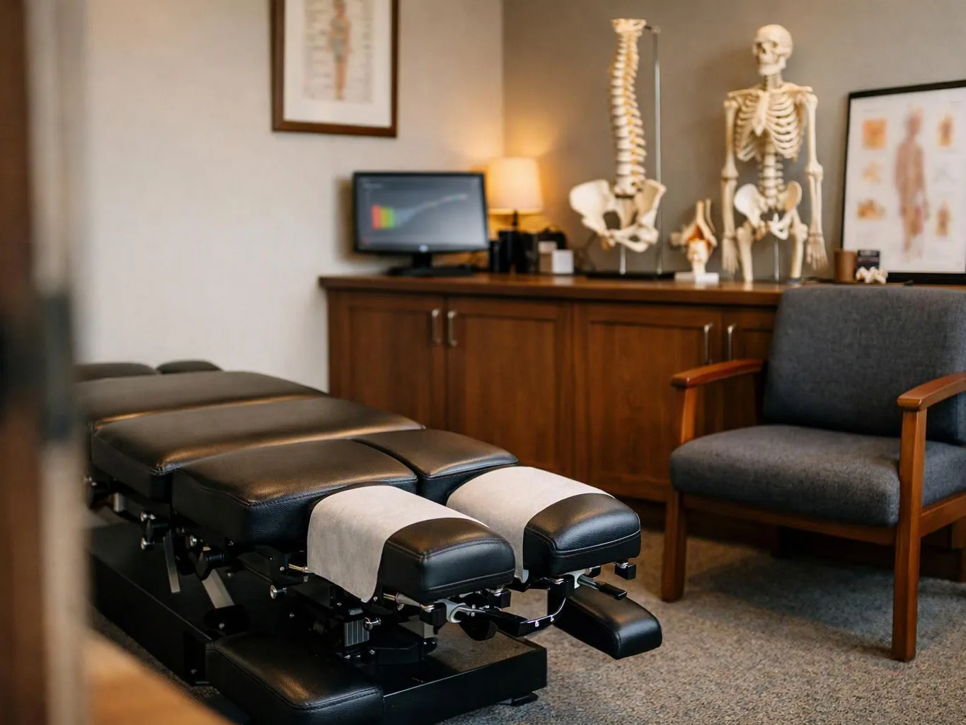 A chiropractic exam room shows a padded treatment table, skeleton models, a desk, and an empty chair